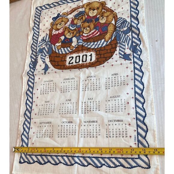 Teddy Bear 2001 Calendar Tea Towel Vintage Blue White - Picture 1 of 5